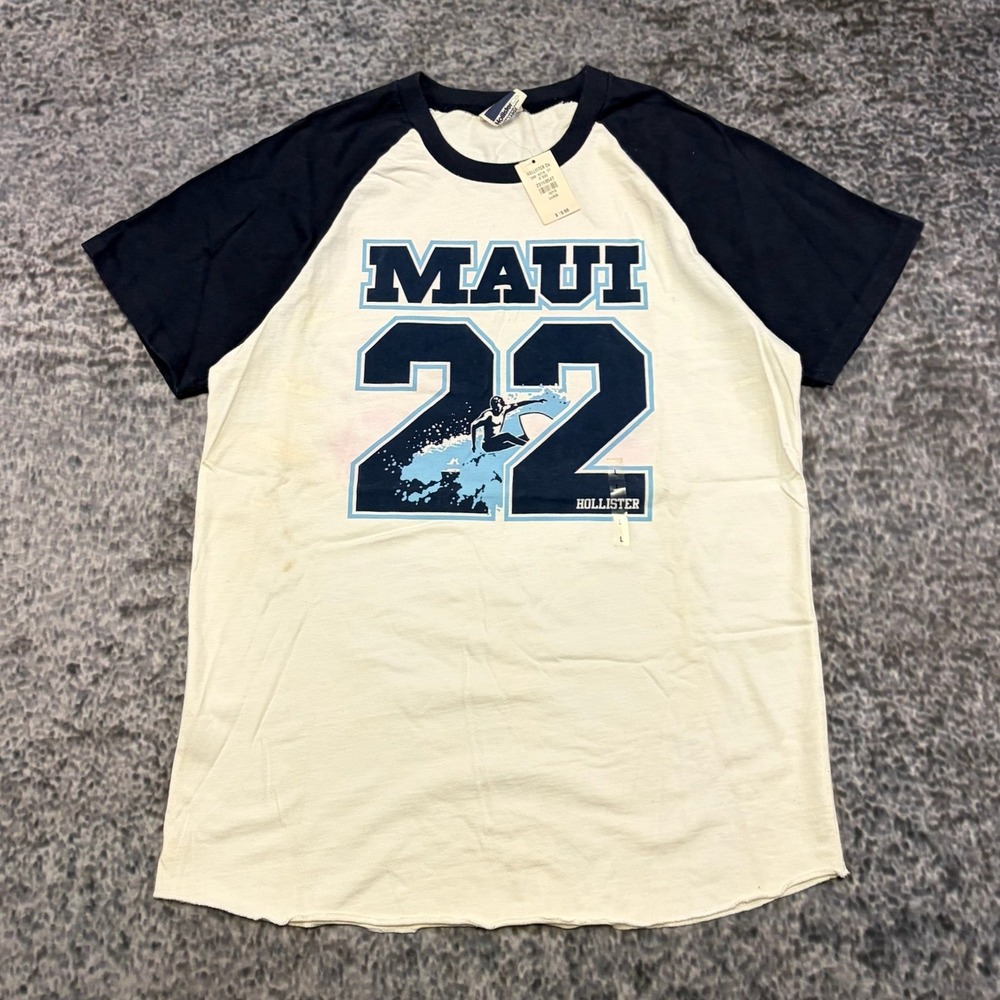 Hollister Raglan Shirt Maui 22 Mens Large White Navy Blue‎ Surf Preppy VTG Y2K